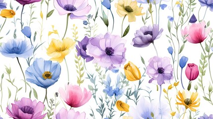 Watercolor purple flowers seamless pattern, woodland Flowers on white abstract background