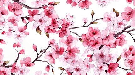 Seamless watercolor floral pattern sakura on a white background - obrazy, fototapety, plakaty