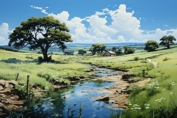 Immerse yourself in the serenity of nature with this picturesque scene of a beautiful green field under a vast blue sky with a solitary tree and a small creek or river. Ai generated