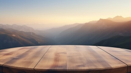 A wooden table or chair next to a beautiful lake or mountain range.