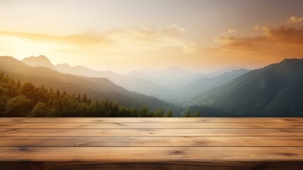 A wooden table or chair next to a beautiful lake or mountain range. - obrazy, fototapety, plakaty