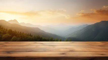 Foto op Aluminium A wooden table or chair next to a beautiful lake or mountain range. © CStock