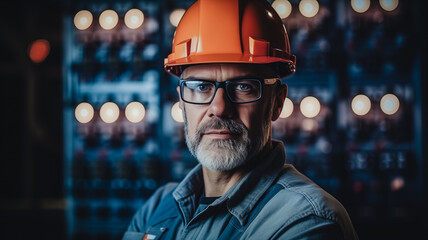 Portrait electrical engineer man on background control panel for high current and voltage, industrial factory