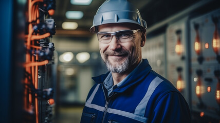 Portrait electrical engineer man on background control panel for high current and voltage, industrial factory