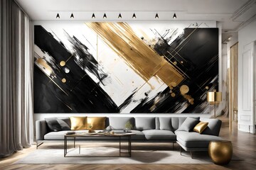 An artistic black and white wall art piece with smart features, hanging in an abstract space with a touch of gold.