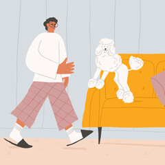 Illustration with man at home with white doodle dog. Cozy home couple illustration. Dog sitting on the vouch. Man in slippers. Home living room scene. Vector illustration