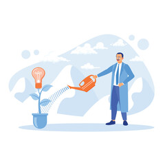 Businessman watering plants symbolize a new business idea. Career growth concept. Growth Analysis Concept. Trend Modern vector flat illustration