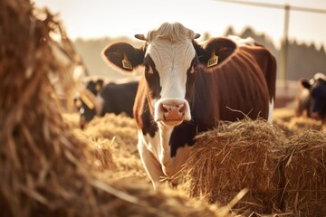 Cow eating eat hay at farm.