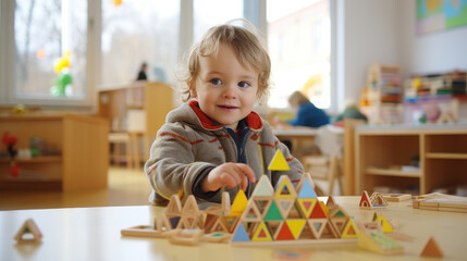 children play in Montessori kindergarten, baby, child, kid, early development, playroom, nursery, primary school, game, fine motor skills, boy, girl, childhood, portrait, face, toddler, room, home