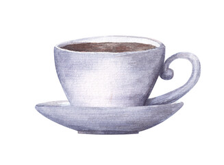 A white cup of tea or coffee with a purple ceramic plate. Hand-drawn watercolor illustration isolated on a transparent background, not AI.