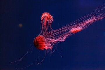 underwater photography of beautiful jellyfish japanese sea nettle chrysaora pacifica - obrazy, fototapety, plakaty