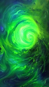 A swirling vortex of bright green smoke, coiling and twisting in a continuous spiral. Within the smoke, tiny sparks of electric green light can be seen, giving off a sense of power and energy.