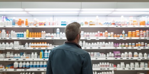 man looking at medicine cabinet for a medicine