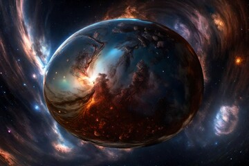 Forge an awe-inspiring HDRI spherical panorama capturing a cosmic dance of nebulae, stars, and...