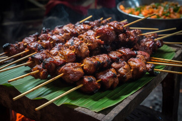 Indulge in the vibrant flavors of Thailand with our delectable street food featuring succulent meat skewers, a culinary journey through the bustling streets of Thai gastronomy. Ai generated