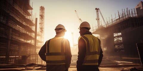 two construction workers looking at the building