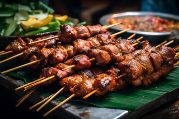 Indulge in the vibrant flavors of Thailand with our delectable street food featuring succulent meat skewers, a culinary journey through the bustling streets of Thai gastronomy. Ai generated