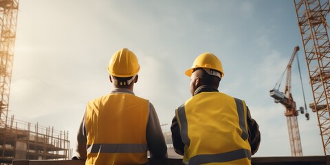 two construction workers looking at the building