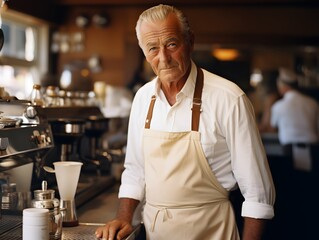 Emotional Coffee Break: Genuine Portrait of a Grandfather Barista Feeling the Pressure