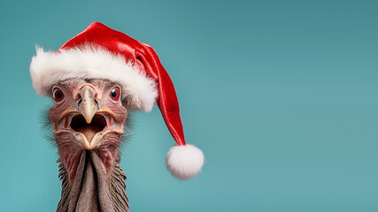 Banner. Fröhliche Weihnachten mit einem festlichen Truthahn in Weihnachtsmütze auf blauem Hintergrund, mit humorvollem Gesichtsausdruck. Perfekt für Weihnachtsgrüße und Karten - obrazy, fototapety, plakaty