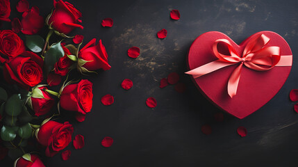 A red heart with a gift box and red rose on the top , top down shot - Valentine's Day Celebrations background 