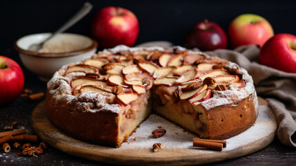 Fototapeta na wymiar Vegan and gluten free cake with apples and cinnamon