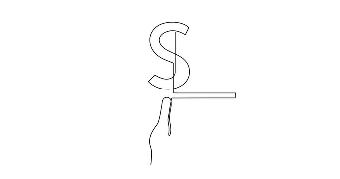 Hand holds dollar sign one line art animation,continuous drawing contour motion.Hand-drawn line business minimalist video financial valuta sign,currency trendy 4k self drawing movie
