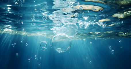 Detail of air bubbles ascend in clear blue water, catching the light on their way to the surface.