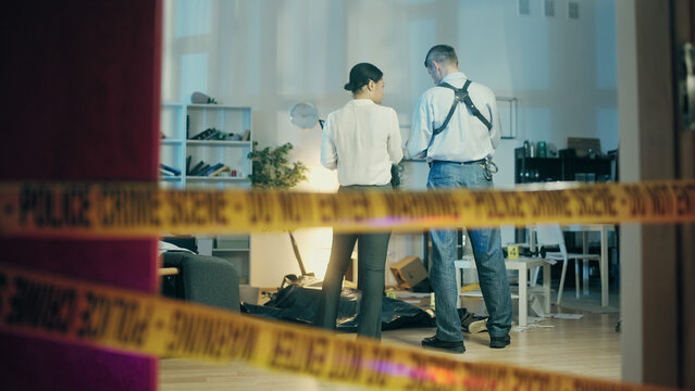 The back view of two detectives examining the crime scene, engaged in police work during the investigation