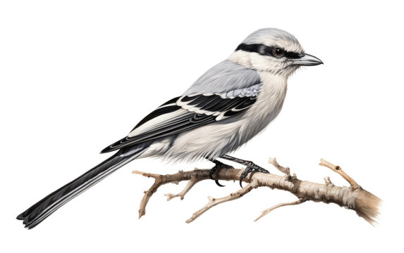 Stunning Southern Grey Shrike Bird Sitting on Branch of Tree on White or PNG Transparent Background.