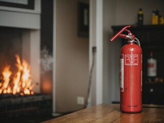 Fototapeta na wymiar Red fire extinguisher in the house. Fire safety concept.