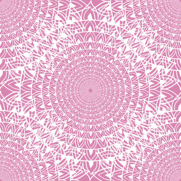 Pink and white seamless pattern with mandala ornament. Vector illustration