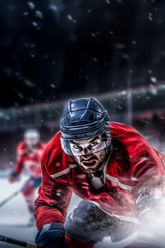 Pro Hockey player. Action close up in the middle of a Hokey game. Shallow field of view with copy space.