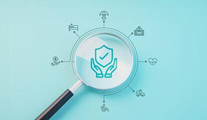 Health insurance concept, Health care checkup, Access to welfare health, Wellness and medical, Magnifying glass and healthcare insurance icon on pastel blue background, World health day