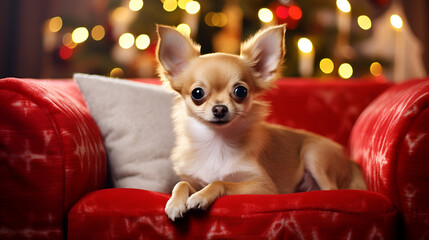 Fototapeta na wymiar cute Chihuahua on the sofa in a exquisit cozy christmas decorated living room