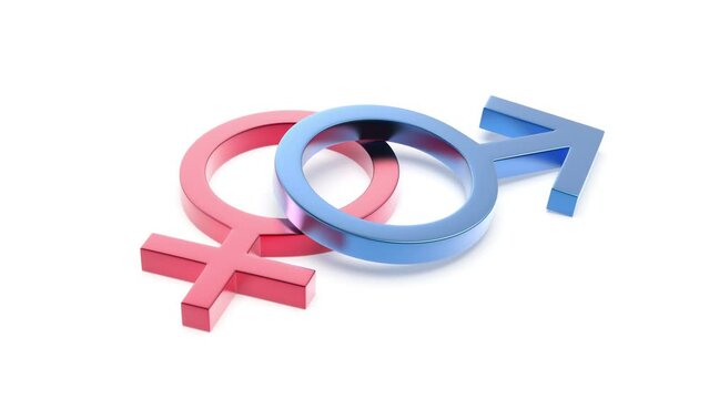 Red female and blue male gender signs on white background