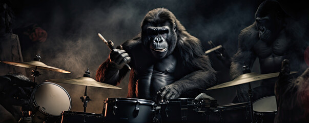 Gorilla playing at drumms in a Band. Funny Gorilla rock band. - obrazy, fototapety, plakaty