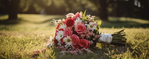 Bride flowers bouquet on green grass.