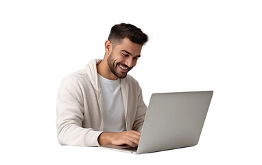 Young Handsome Using a Laptop on White or PNG Transparent Background.