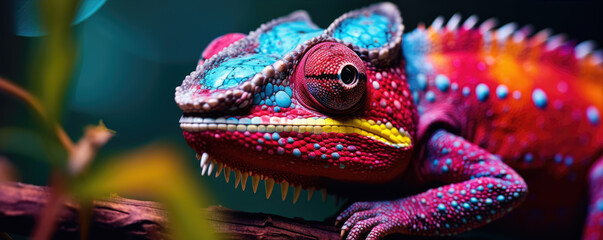 Chameleon in various colors. Colorful lizard detail. - obrazy, fototapety, plakaty