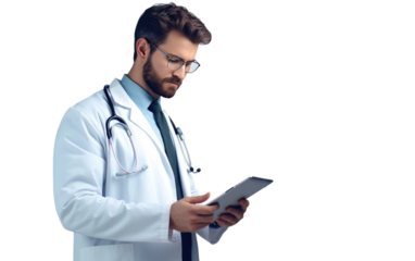 Cute Young Male Doctor Wearing Glasses and Holding File on White or PNG Transparent Background.
