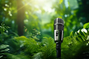 Fotobehang Microphone among nature, Music of Tropic forest, Podcast recording and listening, online radio, audio streaming service, broadcasting, Beauty of the forest and music. © liliya