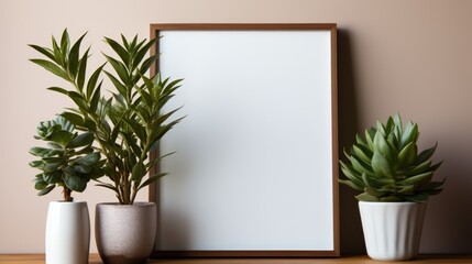 Wooden frame mockup on a desk with vases with plants. Light background. Generative AI