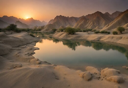 An image of serenity as the sun sets over Hingol National Park, Pakistan, casting a warm glow on the diverse wildlife and unique landscapes.