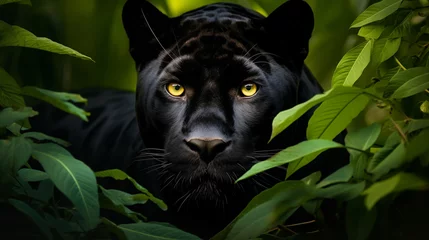 Tuinposter Black panther in tropical rainforest close-up portrait © olympuscat