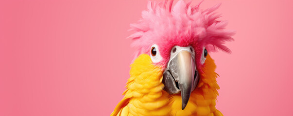Yellow parrot bird with pink hairs on pink background. copy space for text.