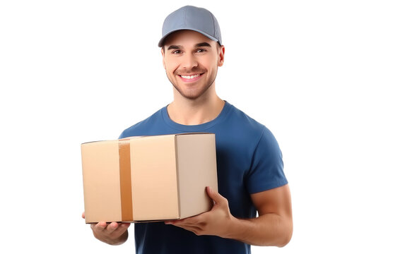 Delivery Young Male Holding a Delivery Pack Box on White or PNG Transparent Background.