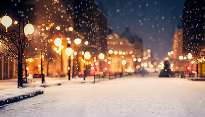 Fototapeta na wymiar Rozświetlone, rozmyte ulice zimowego, świątecznego miast. 