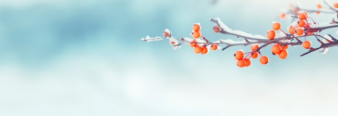 Horizontal winter background, with frozen branch with autumn leaves, copy space for text  
