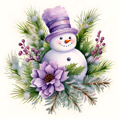 Christmas snowman in a purple winter attire stands in a forest